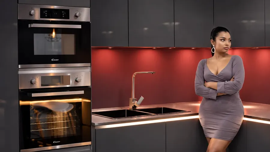 A commercial product film set built around a kitchen appliance range